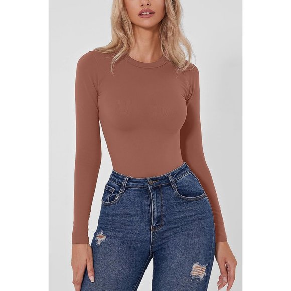 Women Knot Front Long Sleeve Crew Neck Sexy Tops Smoke Cloud Collection Bodysuit - Picture 3 of 6